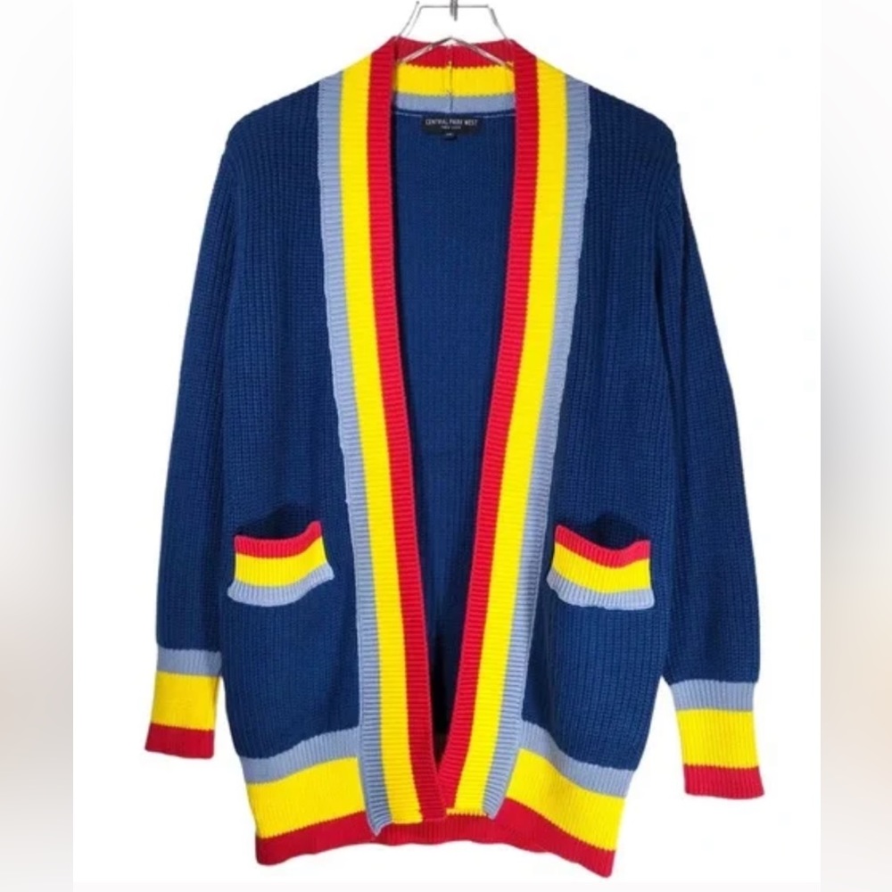 NWOT Central Park West Blue Cardigan Sweater with Ribbed Multi Stripe Details.